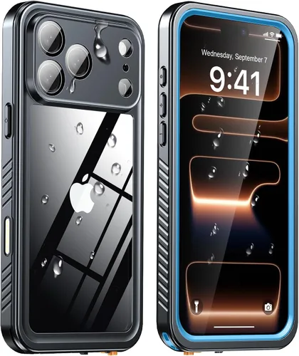 Vista 23 de ANTSHARE Funda impermeable IP68 para iPhone 16, negro/transparente Lente incorporada/protector de pantalla, protección militar contra caídas, funda