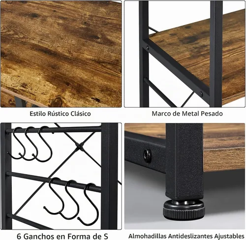 Vista 5 de Yaheetech - Estante de cocina para hornear de 4 niveles, carrito con soporte para microondas y barra de café con cesta de alambre y 6 ganchos