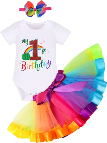 Vista 8 de IBAKOM Conjunto de ropa de 3 piezas para bebé niña de 1er cumpleaños + tutú de tul de princesa arcoíris + diadema con lazo, conjunto de ropa de 3