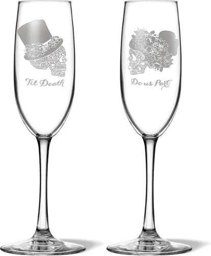 Vista 10 de Alterd Industries - Juego de 2 copas de champán personalizadas con calavera de azúcar, Til Death Do Us Part, Dia de los Muertos, regalos de boda