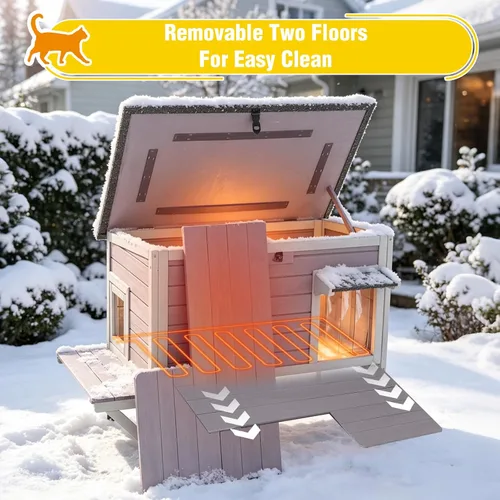 Vista 4 de Heated Cat House for Outside,Weatherproof Insulated Feral Shelter Solid wood structure with 6-sided insulated liner & certified heating pad. Keeps