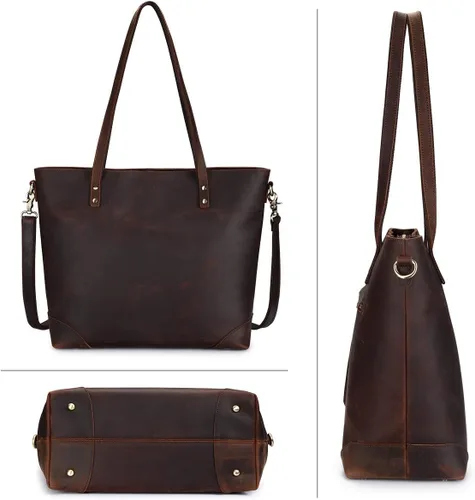 Vista 7 de S-ZONE - Bolso de mano de piel auténtica vintage para portátil, Bolsa de trabajo para mujeres con bolsillo trasero con cremallera