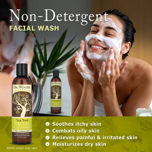 Vista 2 de Dr. Woods Limpiador facial líquido de árbol de té, fabricado con manteca de karité orgánica, aceite de árbol de té natural para hombres y mujeres