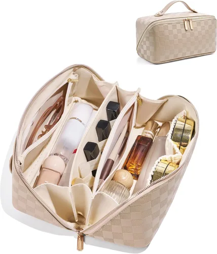Vista 18 de Bolsa de cosméticos de viaje de gran capacidad - Bolsas de maquillaje portátiles para mujeres, impermeable, de cuero PU a cuadros, con organizador