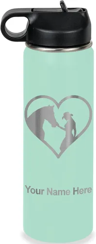 Vista 53 de LaserGram Botella de agua personalizada, corazón de vaquera de caballo, acero inoxidable de doble pared aislada al vacío con popote superior, regalo
