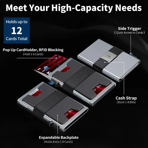 Vista 2 de Cartera delgada de aluminio para hombre, placa trasera expandible duradera, bloqueo RFID, billetera desplegable de metal minimalista, con capacidad