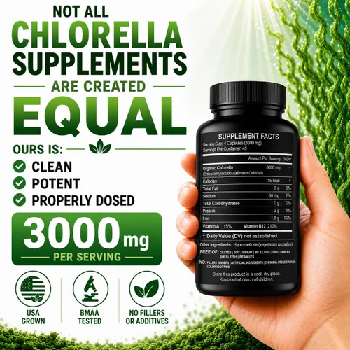 Vista 3 de Chlorella Cápsulas 3000 mg – Pared celular agrietada suplemento de algas verdes azules – La mejor limpieza natural de desintoxicación – Vitaminas