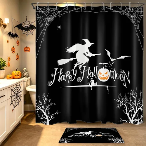 Vista 36 de HVEST Cortina de ducha con ganchos, calabaza espeluznante y fantasma con sombrero de bruja negro, juego de cortina de ducha naranja con flores