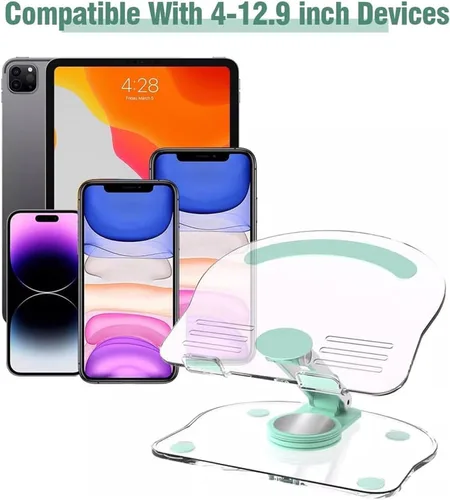 Vista 8 de Soporte acrílico para tablet con base giratoria de 360°, soporte plegable ajustable transparente para escritorio, oficina en casa, compatible