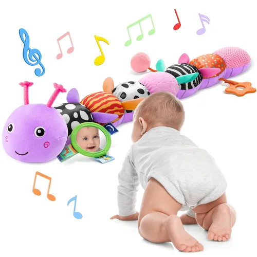 Vista 13 de Awotoy Baby Toys - Juguete musical de oruga interactivo multicolor para bebés, sonajero arrugado, suave con campana de anillo, juguete de peluche