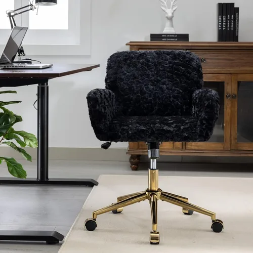 Vista 2 de HomVent Bonita silla de oficina peluda, moderna silla de piel sintética negra con ruedas y base dorada, silla giratoria ergonómica ajustable
