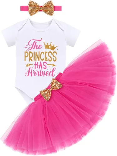 Vista 12 de Conjunto de ropa brillante para recién nacidas para niñas recién nacidas, mameluco de princesa + falda tutú + diadema de flores para sesión de fotos
