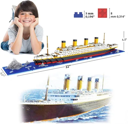 Vista 2 de Titanic Ship - Juego de bloques de construcción modelo de barco, juegos de rompecabezas 3D, juguetes educativos de bricolaje, juguete de ladrillos