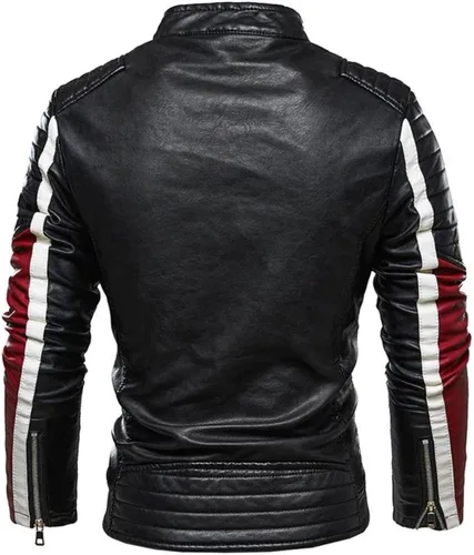 Vista 2 de Chaqueta de cuero para hombre Chaqueta casual de piel sintética con cremallera estilo bomber Cafe Racer Slim Fit Chaqueta de motociclista de cuero