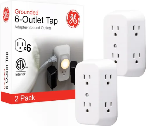 Vista 8 de GE Extensor de 6 Enchufes, Adaptador de Pared con Conexión a Tierra, Adaptador de Enchufes Espaciados, 3 Clavijas, Enchufe Múltiple, Instalación