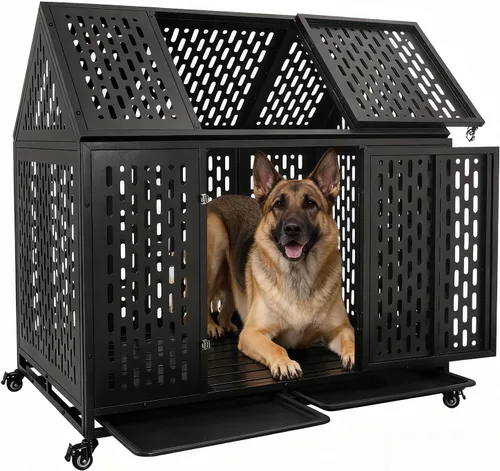 Vista 7 de Jaula para perros resistente de 44 pulgadas con ruedas, perrera indestructible a prueba de escapes con pestillo de bloqueo y puerta doble, jaula