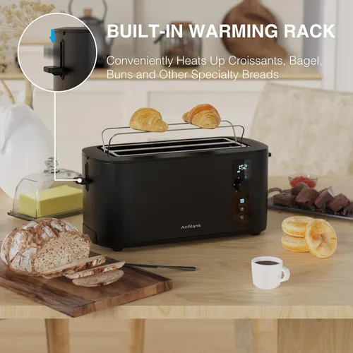 Vista 5 de Anfilank Tostadora de 4 Rebanadas de Ranura Extra Ancha Larga de 1.5 pulgadas con Temporizador de Cuenta Regresiva, 6 Ajustes de Tostado, Estante