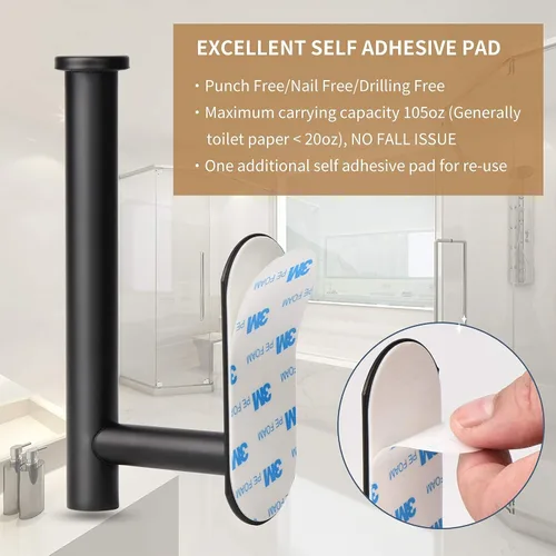 Vista 4 de LAYUKI Soporte de papel higiénico, negro mate, soporte de pared, soporte de rollo de papel higiénico adhesivo mejorado, sin taladrar