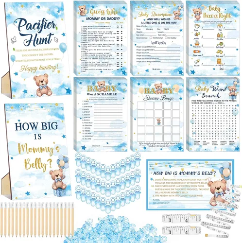 Vista 8 de Sherr Juego de 424 chupetes para baby shower, incluye letrero de caza y 50 chupetes acrílicos, Bingo Price Guess How Is Big Search for Brown Baby