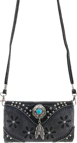 Vista 3 de Zelris Floral Western Pu Tooled Cuero Turquesa Concho Plumas Crossbody Cartera Trifold, Negro