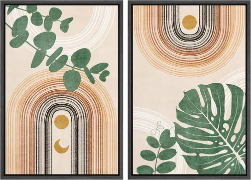 Vista 56 de SIGNFORD Lienzo enmarcado para pared, juego de arte geométrico retro de mediados de siglo, plantas forestales, ilustraciones con formas abstractas