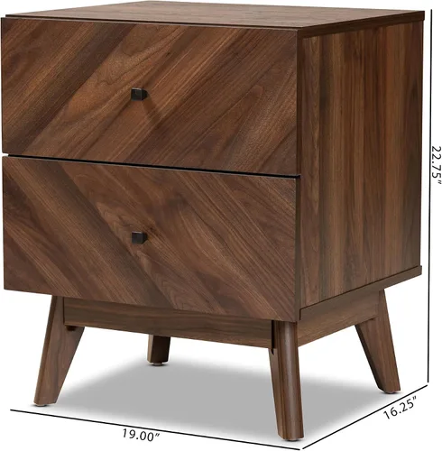 Vista 3 de Baxton Studio Hartman Mid-Century - Mesita de noche moderna de madera con acabado marrón nogal con 2 cajones