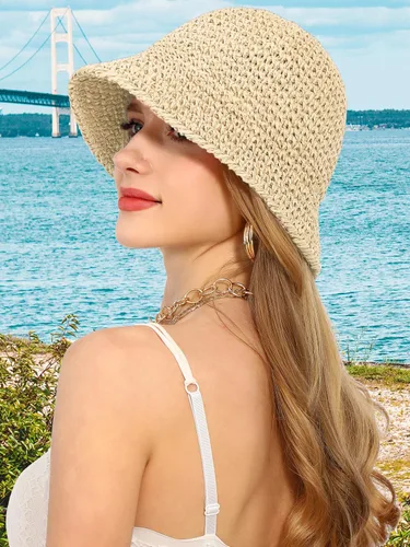 Vista 6 de Sombrero de sol para mujer, hecho a mano, con paja, protección UV, para viajes, verano, playa Beige