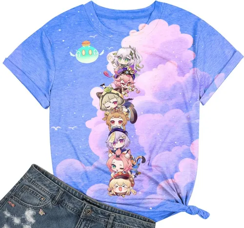 Vista 3 de Genshin Impact - Camiseta para mujer, camisetas de Hu Tao con manga corta para fanáticos unisex, patrones de impresión vivos y duraderos