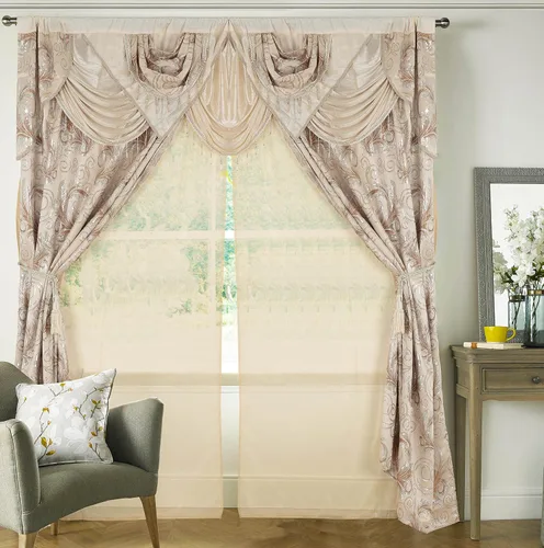 Vista 2 de GLORY RUGS Juego de cortinas de jacquard de lujo con cenefa adjunta y respaldo, para dormitorio, sala de estar, comedor, 2 cortinas beige, 55 x 84