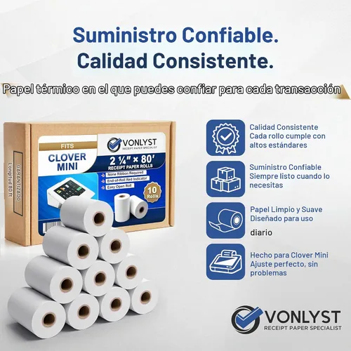 Vista 4 de Papel de recibo para impresora térmica móvil Clover Mini y Clover 2 1/4 x 80 (10 rollos)