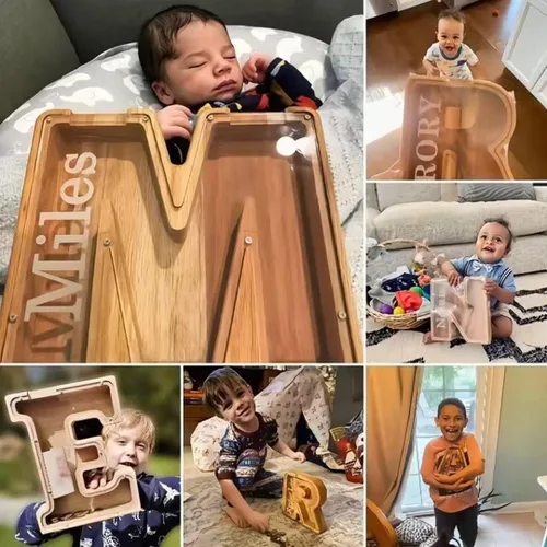 Vista 3 de Alcancía para niños y niñas, hucha grande de 26 letras del alfabeto inglés, de madera personalizada, caja de ahorro de dinero personalizada, nombre