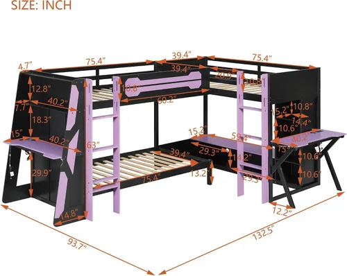 Vista 2 de Marco de cama de madera en forma de L para juegos de tamaño individual