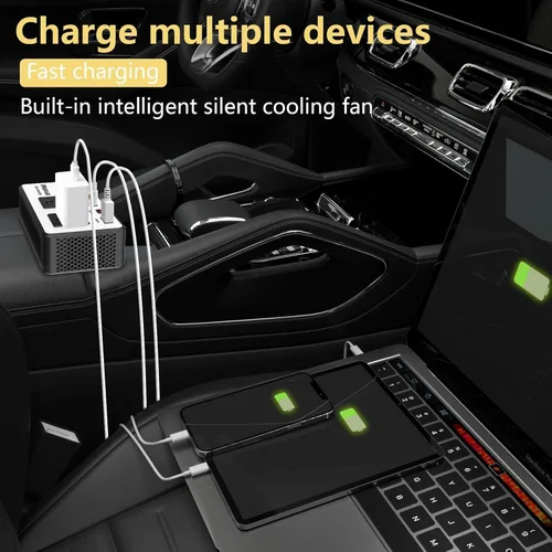 Vista 2 de Inversor de corriente para coche de 300 W, PiSFAU CC 12 V a CA 110 V Adaptador de enchufe de coche con múltiples USB [USB-C de 24 W] / Cargador