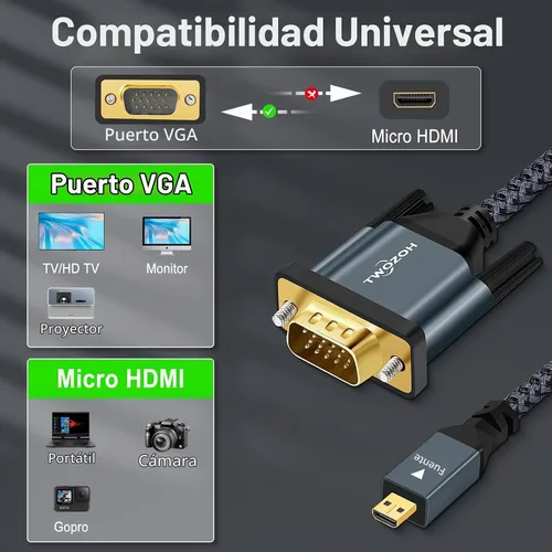Vista 2 de Twozoh Cable micro HDMI a VGA de 3.3 pies, chapado en oro y trenzado Micro HDMI VGA (hombre a macho) compatible con 1080P 720p compatible