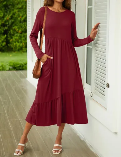 Vista 2 de HAEOF Vestido largo de manga larga para mujer, de cintura alta, holgado, casual, asimétrico, escalonado, plisado, acampanado, vestido largo