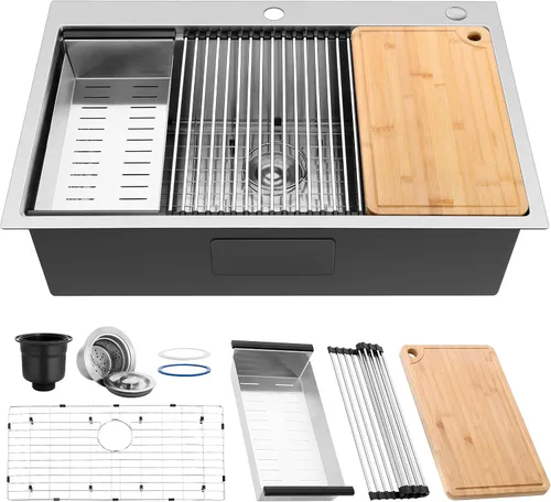 Vista 13 de Herogo Fregadero de barra de cocina de 15 x 15 pulgadas, fregadero pequeño profundo de un solo tazón con rejilla inferior de acero inoxidable