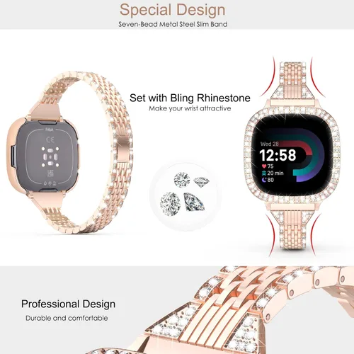 Vista 3 de MOFREE Compatible con Fitbit Versa 4 bandas/Fitbit Sense 2 bandas para mujeres con funda protectora de parachoques duro, joyería elegante pulsera