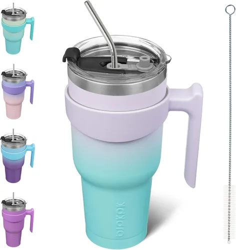 Vista 74 de BJPKPK Mini vaso de 10 onzas con tapa, popote y asa, taza de acero aislada