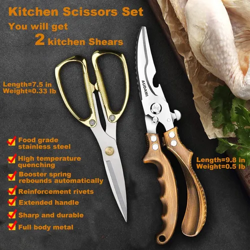 Vista 2 de Tijeras de cocina premium, paquete de 2 tijeras resistentes para aves de corral y carne, tijeras de hueso para cocinar