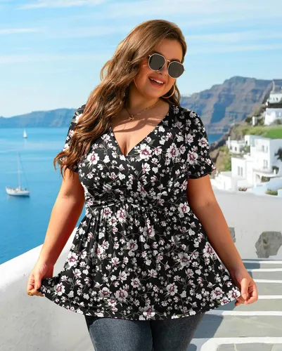 Vista 2 de TIANZHU - Blusa elegante de manga corta para mujer, túnica con cuello en V, estilo envolvente, blusa bonita de talla grande