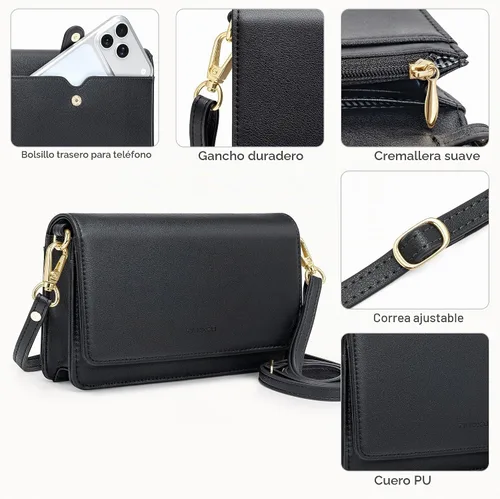 Vista 5 de nuoku - Bolso bandolera pequeño para mujer con ranuras para tarjetas RFID, 2 correas negro (A- Black)