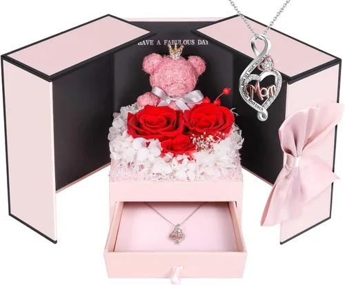 Vista 13 de AddWel Regalos de rosas para mujer, rosas azules reales preservadas con collar I Love You en 100 idiomas y lindo oso de musgo para novia, esposa
