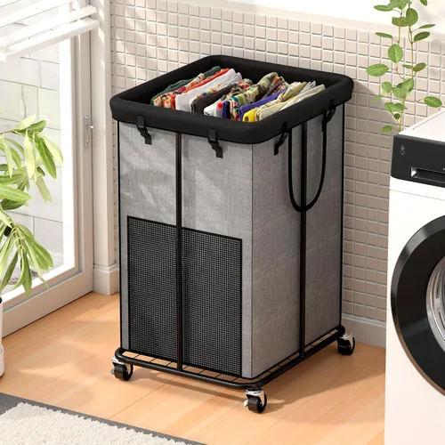 Vista 10 de Cestos grandes para la ropa sucia con tapa, cestas de tela Oxford, marco de metal y diseño de bolsa extraíble con ruedas, adecuadas para dormitorio