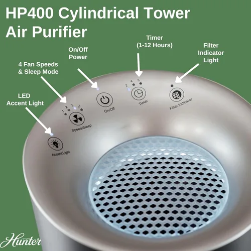 Vista 2 de Hunter Fan Company HP400 - Purificador de aire de torre redonda para habitaciones pequeñas, con filtración HEPA verdadera y prefiltro EcoSilver®