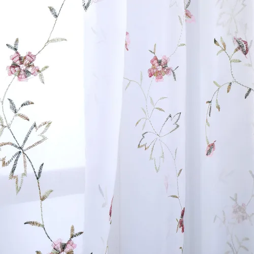 Vista 15 de Taisier Home Cortinas Traslúcidas Blancas Florales con Estampado de Flores y Bordado de Enredaderas para Dormitorio, Cortina con Bolsillo
