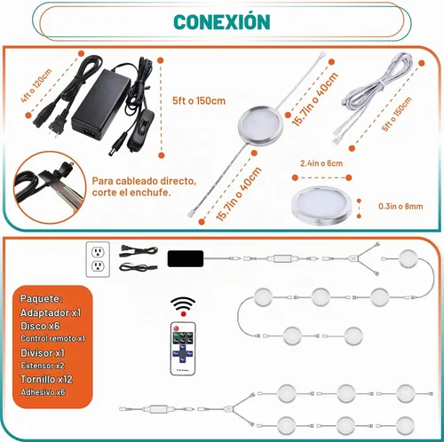 Vista 2 de Kit de iluminación de disco debajo del gabinete, iluminación de ambiente, control remoto LED RF inalámbrico regulable, enlazable en cadena