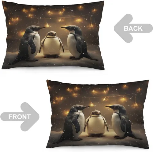 Vista 4 de Fundas de almohada con diseño de pingüinos de Navidad de 12 x 20 pulgadas, diseño de pingüinos en acuarela de Navidad, fundas de almohada