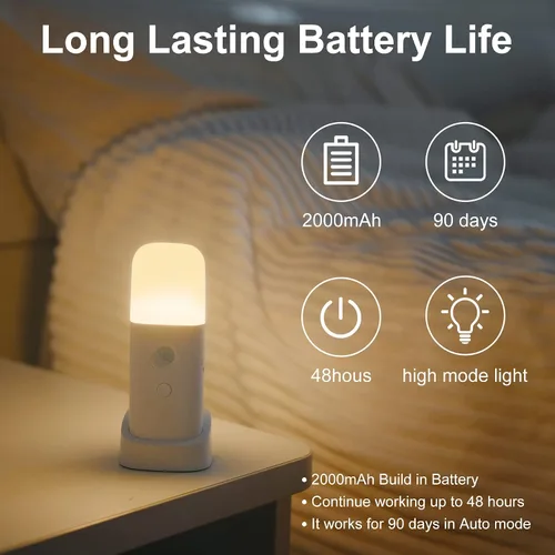 Vista 3 de CREWEEL Luces nocturnas con sensor de movimiento para interiores, luz nocturna recargable, funciona con pilas, luz nocturna portátil con brillo