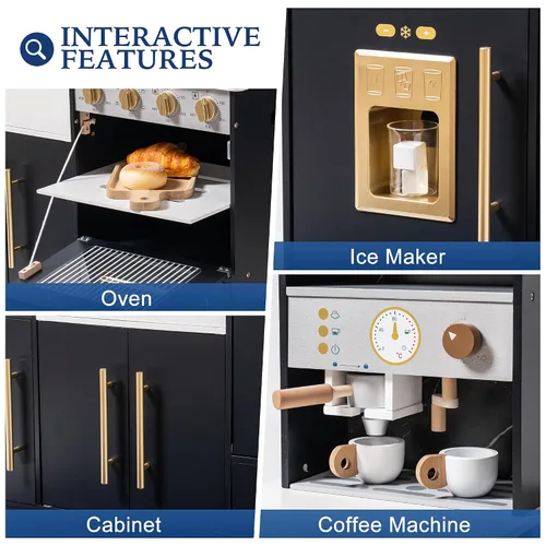 Vista 2 de ROBOTIME Juego de cocina de madera para niños, juego de cocina para niños pequeños con máquina de hielo y cafetera, juguete de cocina realista
