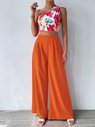Vista 7 de Floerns Conjunto de dos piezas para mujer con un hombro y pantalones largos de pierna ancha